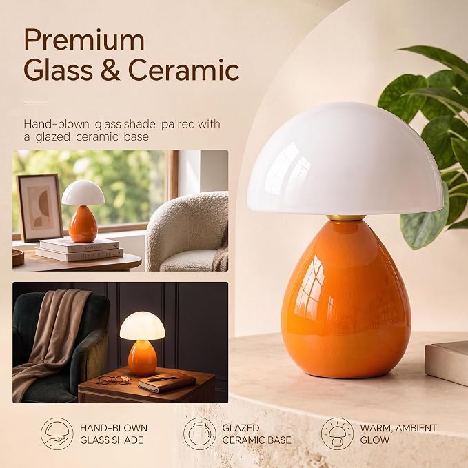 Mushroom Lamp Table Lamp for Bedroom-Small Desk Table Lamps,Orange | Ice Crackle 10.08" Mid Century Modern Table Lamps for Living Room Bedroom Decor,Ceramic Lamps for Home Room Decor,Glass Shade