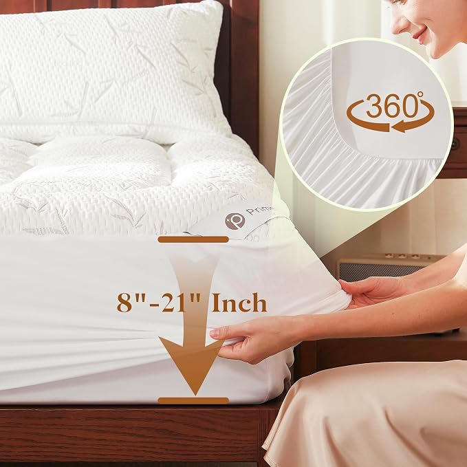 PRIMESOFT Twin Size Mattress Topper,Thick Pillow Top Mattress Pad,Up to 21 Inch Deep Pocket,Soft Breathable Mattress Pad for Back Pain,Waterproof Protector Cover(White)