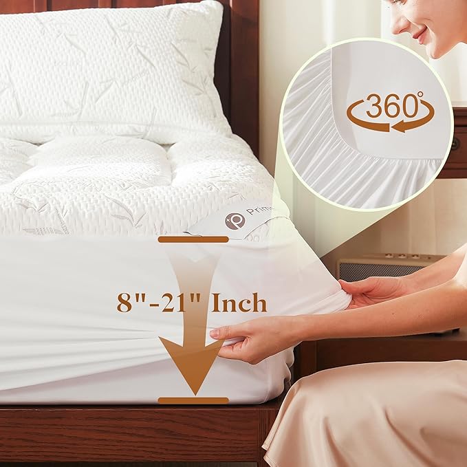 PRIMESOFT Queen Size Mattress Topper, Thick Pillow Top Mattress Pad，Up to 21 Inch Deep Pocket,Soft Breathable Mattress Pad for Back Pain, Waterproof Protector Cover(White)