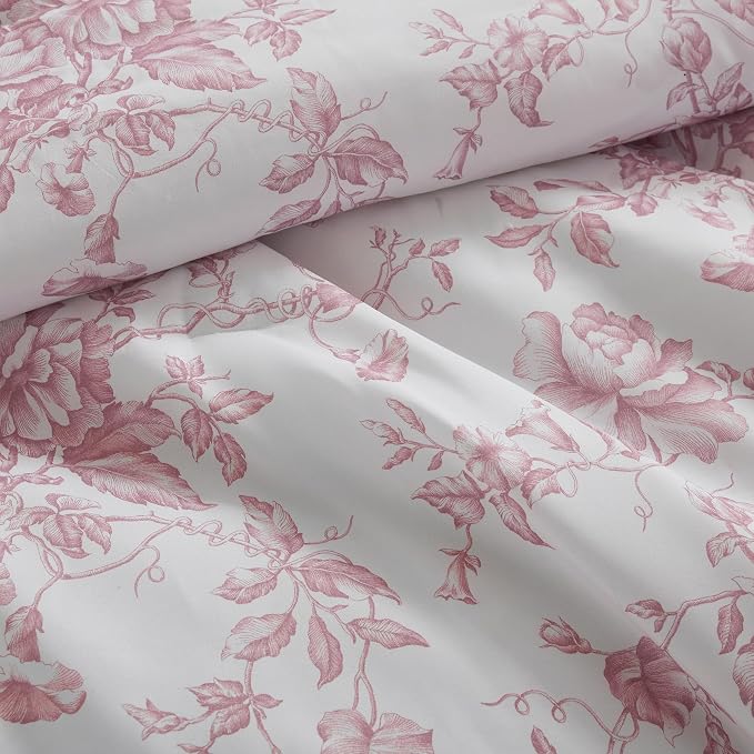 Madison Park Essentials Pink Floral Comforter Set with Sheets Cal King,7pc | Vintage, Ruffle Bed in a Bag, Reversible, Elegant Bedding Set, All Season, Machine Washable, Wrinkle Resistant, Ultra Soft