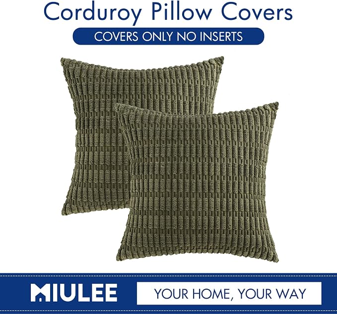 MIULEE Euro Sham Corduroy Decorative Throw Pillow Covers 24x24 Olive Green | Pack of 2 Soft Boho Striped Pillow Covers Modern Farmhouse Home Decor For Sofa Living Room Couch Bed