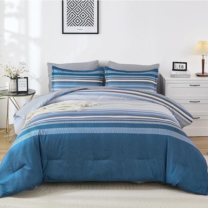 Dobuyly Grayish Blue Queen Comforter Set 7 Pieces, Boho Striped Bed in a Bag Queen Size Soft Microfiber All Season Grey Bedding Set with Comforter, Sheets, Pillowcases & Shams