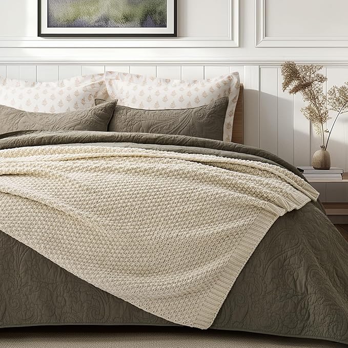 EVERGRACEHOME Chunky Chenille Knit Throw Blanket, 50 x 60, Beige | Sculpted Moss Stitch, Chic Modern Farmhouse, All-Season Warmth, OEKO-TEX® Certified, Elegant Blanket for Couch, Bed, Sofa