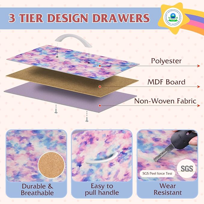 WLIVE Dresser TV Stand 9 Drawers, Fabric Chest LED Lights, Tie-dye | 9-drawer dresser TV stand fits 55in TV with RGB LED lights and charging station, fabric media console for living room