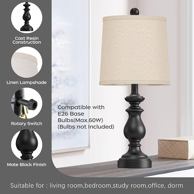 Traditional Table Lamp Set of 2, Rustic Farmhouse Table Lamps for Living Room Bedroom, 22" Bedside Desk Lamps Vintage Nightstand Lamps with Linen Shades, Black