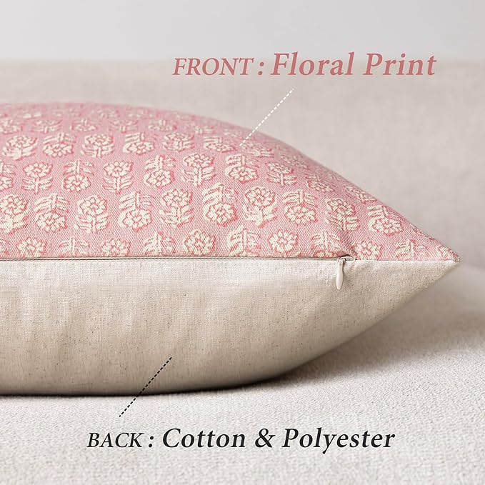 Foindtower Set of 2 Decorative Vintage Floral Print Throw Pillow Covers Neutral Modern Farmhouse Cushion Covers Boho Home Decor for Sofa Couch Chair Bedroom Living Room Outdoor,20×20 Inch,Light Pink