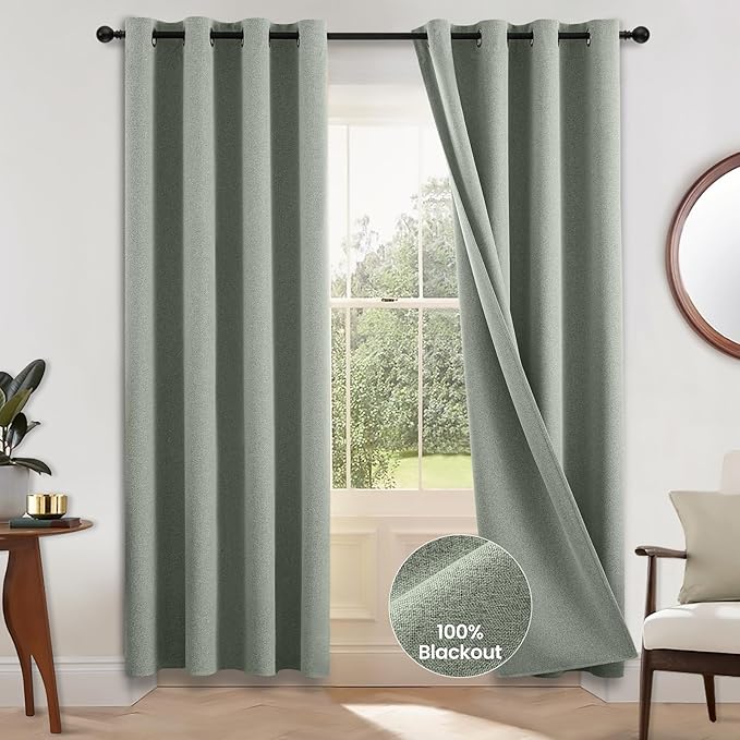 COSVIYA 100% Blackout Sage Green Linen Curtains & Drapes 72 Inch Length | Light Blocking Full Room Darkening Grommet Insulated Thermal Window Panels for Bedroom/Living Room,52x72 inches,2 Panels