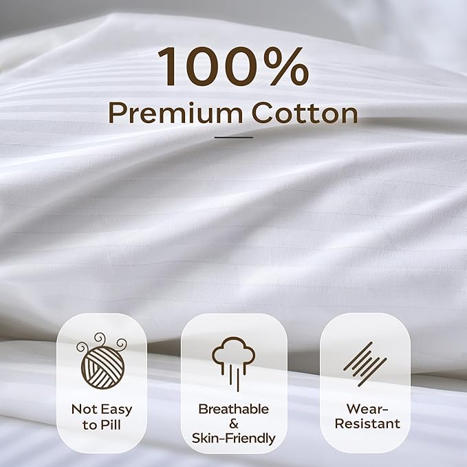 JELLYMONI 100% Cotton Sateen Striped Full Duvet Cover Set, White | Breathable Softness, Oeko-Tex Certified, Classic Stripes, 8 Corner Ties & Double Hidden Zipper