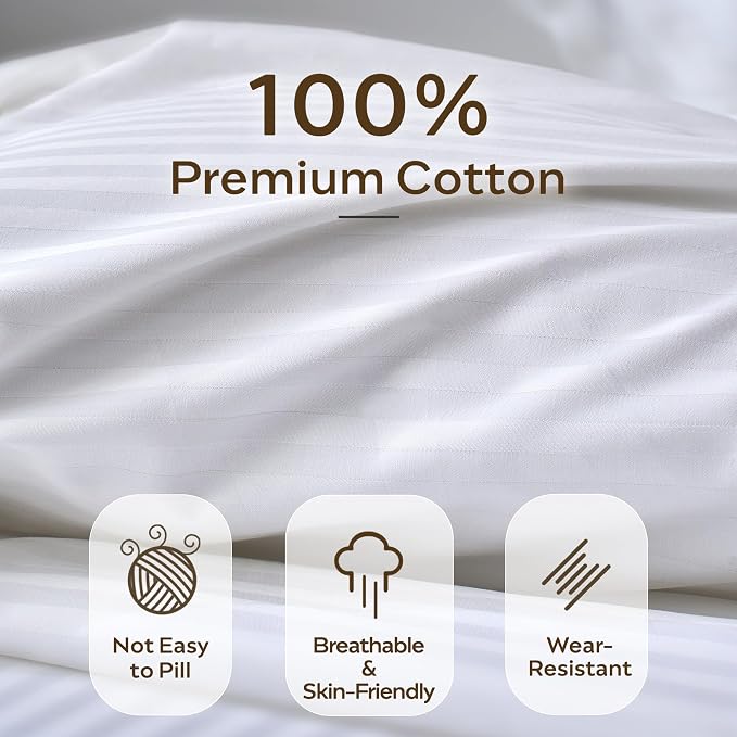 JELLYMONI 100% Cotton Sateen Striped Twin Duvet Cover Set, White | Breathable Softness, Oeko-Tex Certified, Classic Stripes, 8 Corner Ties & Double Hidden Zipper