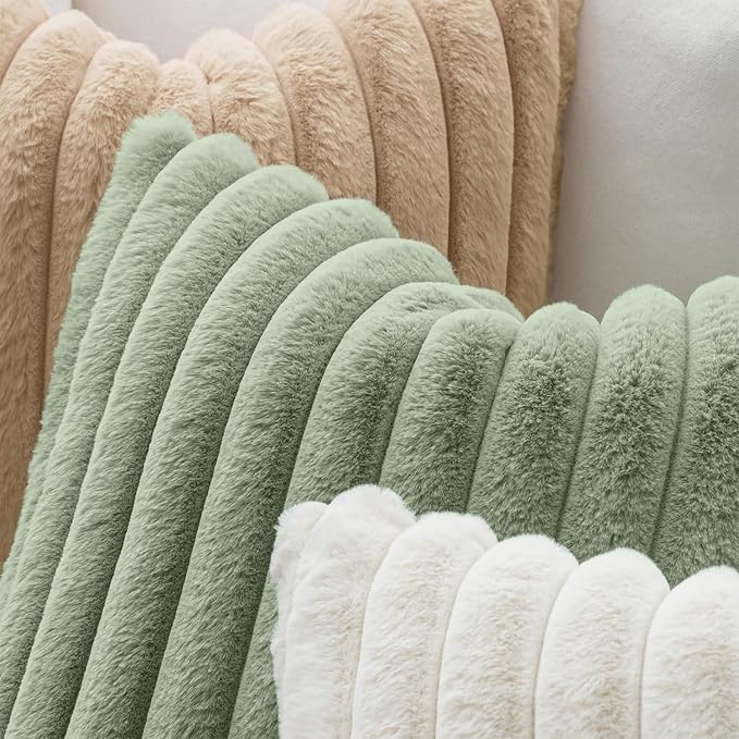 MIULEE Faux Fur Lumbar Throw Pillow Covers 12x20 Set of 2 Sage Green | Modern Soft Plush Couch Pillows, Cozy Fluffy Cushion Covers for Sofa Bed Living Room Home Decor