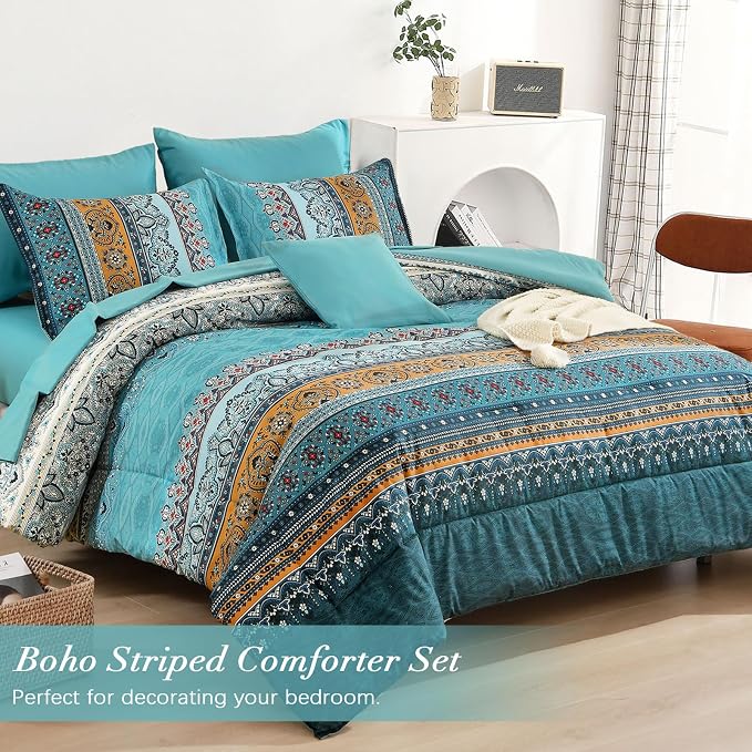 Cottolester Boho King Comforter Set 8 Pieces,Teal and Yellow Bohemian Comforter Paisley Striped Bed in A Bag,Soft Microfiber Bedding Set for All Season