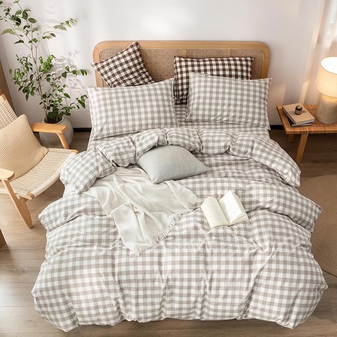 BESTOUCH Gingham Cotton Duvet Cover Set Linen Grey Twin | Washed Cotton, Linen Feel, Soft Wrinkle Texture, Hidden Zipper, 8 Ties, Breathable Lightweight Durable Comfy, 2 Pcs No Insert