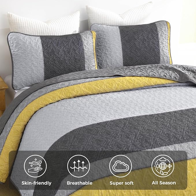 Cottolester Boho King Size Quilt Set,Yellow Grey Striped Bedsperad Coverlet | Lightweight Coverlet Set with 2 PillowShams,All Seasons Microfiber Quilt Bedding Sets for Bedroom Guest Room 110"x90"