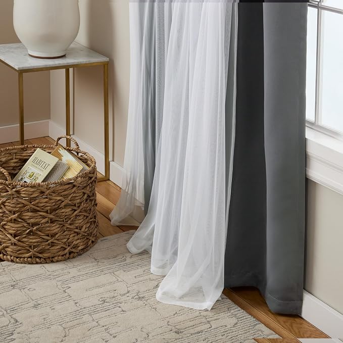 TOWN & COUNTRY LUXE Talia Double Layer Indoor Curtains, Sheer and Room Darkening Blackout, Grommet Top, Energy Efficient, 2-Pack Set, 52"x108", Black Pearl