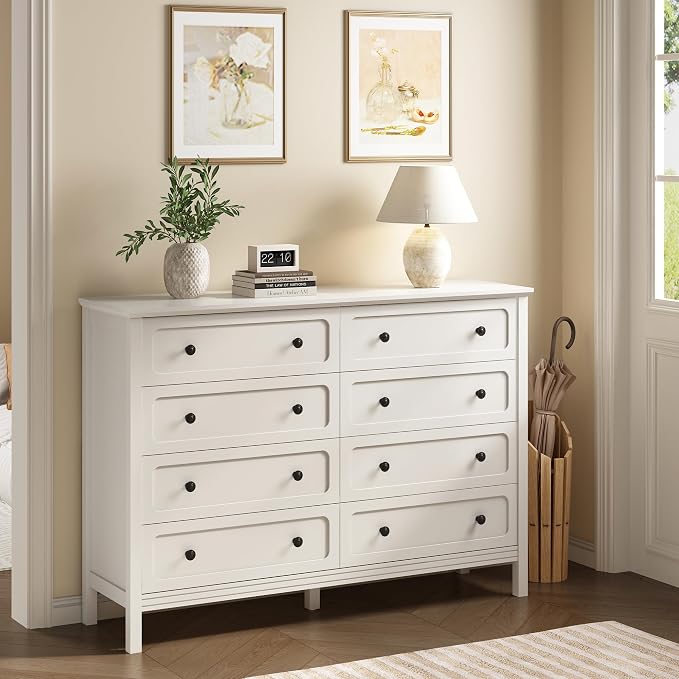 CARPETNAL 55" White Dresser for Bedroom with 8 Drawer & Deep Drawers | Large Storage Modern Chest of Drawers with Metal Handles for Living Room, Hallway
