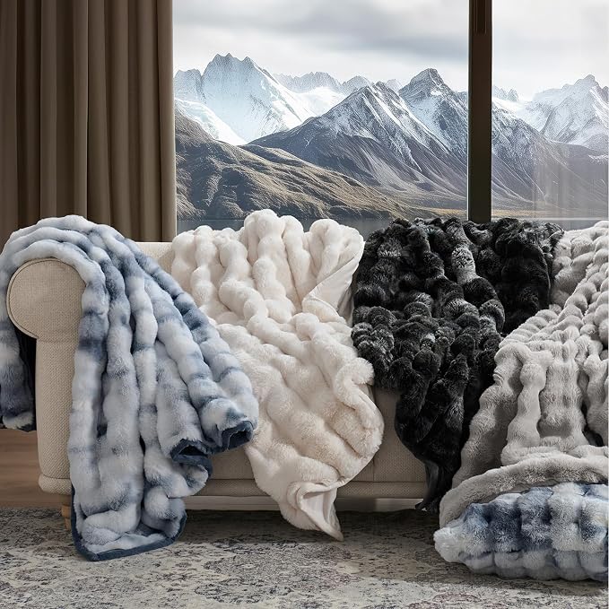 EverGrace Faux Rabbit Fur Bubble Throw Blanket, 60"x80", Taupe | Ultra Soft, Luxury Faux Rabbit Fur Throw, Thick Warm Bubble Blanket, Cozy Fluffy Reversible, for Bed, Couch, Chair, Sofa