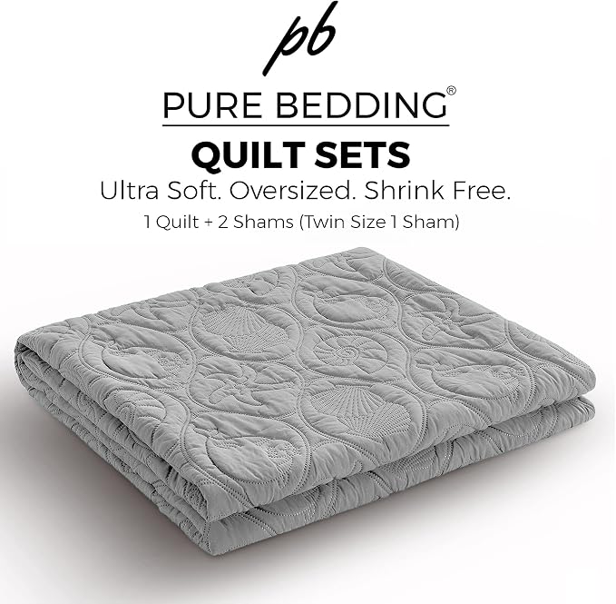 Pure Bedding Quilt Set King/Cal King/California King Size Light Grey - Oversized Bedspread - Microfiber Coverlet - Includes 1 Quilt and 2 Shams, Ocean Star Pattern