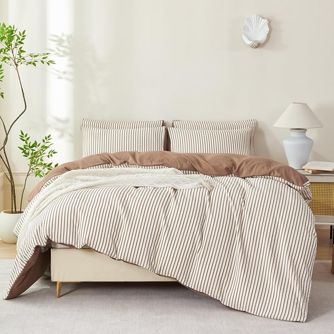Comforter Set King Dark Brown Striped Soft Luxury Washed Microfiber Jacquard 3 Pieces Bedding, White Dark Brown Vertical Ticking Stripes Comforter with 2 Pillowcases Breathable Durable Comfy