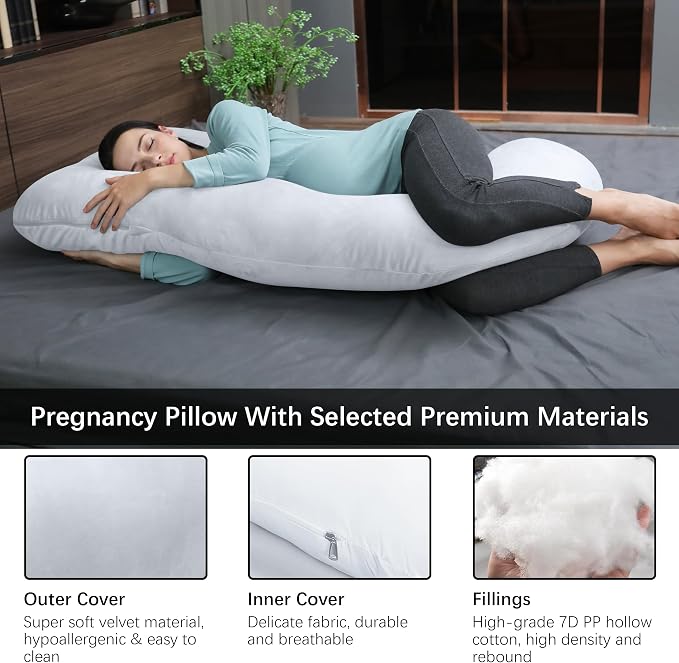 MOON PARK Pregnancy Pillows for Sleeping - U Shaped Full Body Maternity Pillow with Removable Cover - Support for Back, Legs, Belly, Hips - 57 Inch Pregnancy Pillow for Women - Light Grey