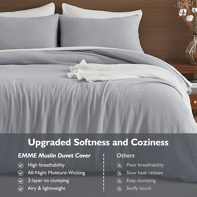EMME Muslin Cotton Duvet Cover Set Light Grey King Size Linen Like Soft Breathable Lightweight Summer Comforter Cover Set with Zipper Closure (Light Grey, King, 104"x90")