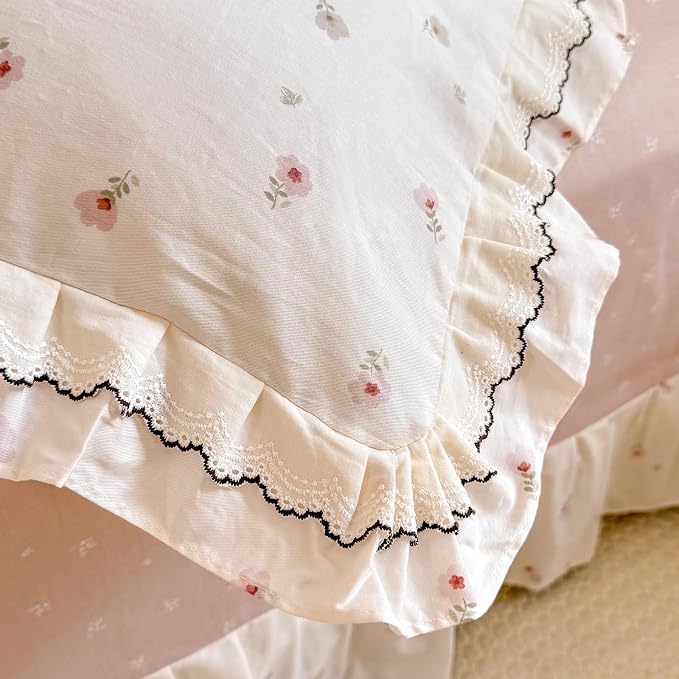 mixinni Shabby Chic Tiny Pink Floral Duvet Cover Twin, 100% Cotton Reversible Bedding with Double Ruffle Black Lace Trim, Vintage Farmhouse Princess Comforter Cover with Zipper & Corner Ties