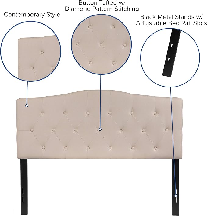 EMMA + OLIVER Beige Full Tufted Headboard | Adjustable Bed Rail Slots, Fabric Upholstered