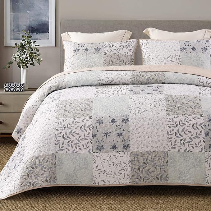 Exclusivo Mezcla Reversible Boho Quilts Twin Size Gray | Lightweight Soft Bedspreads, All Season Patchwork Coverlet Bedding Set, Printed Floral Pattern, 1 Quilt and 1 Pillow Sham