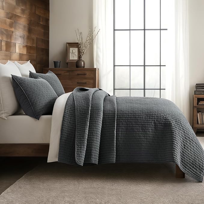 100% Cotton Cross Stitch 3-Piece Quilt Set, King, Charcoal | Cross Stitch Cotton Quilt, Pre-Washed Bedding Set, Oversized Lightweight Bedspread Coverlet, for All Season, with 2 Shams