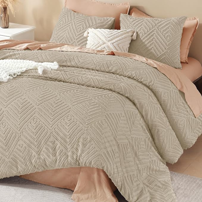 Litanika Queen Size Comforter Set, 3 Pieces Wheat Tufted Boho Bedding Set | Farmhouse Shabby Chic Vintage Bohemian Textured Aesthetic Soft Fluffy Lightweight Breathable All Season Bed Set for Queen Bed