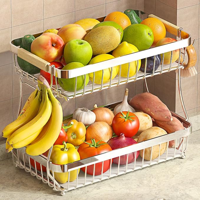 Sevenblue 2-Tier Fruit Basket with Banana Hangers, Detachable Metal Bowl | Wooden handle, protective mats included. Versatile holder for bread, snacks, and veggies. Extra Large 2 tier metal design.