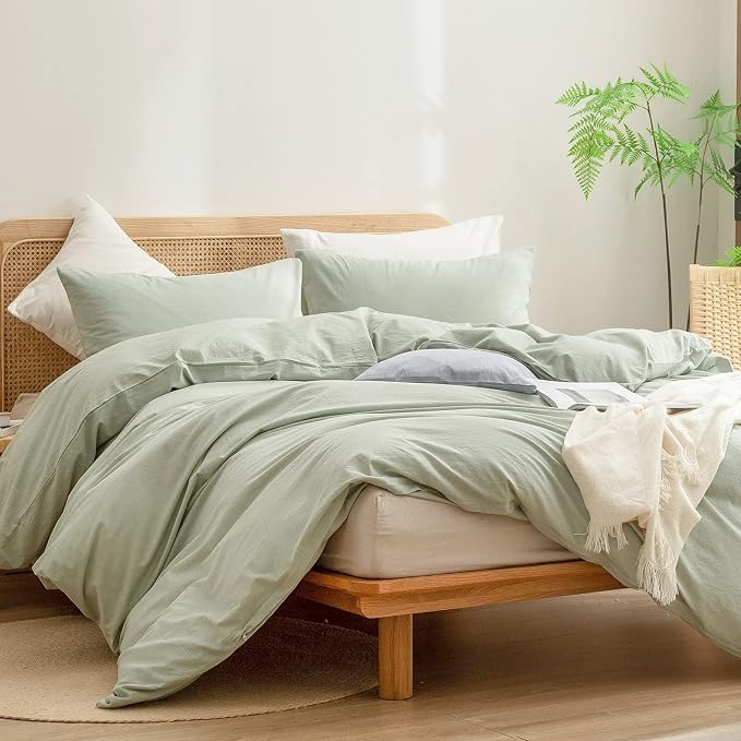 BESTOUCH Cotton Solid Duvet Cover Set Linen Feel Sage Green Queen | 100% Washed Cotton, Soft Wrinkle Texture, Hidden Zipper, 8 Ties, Breathable Lightweight Durable Comfy, 3 Pcs No Insert