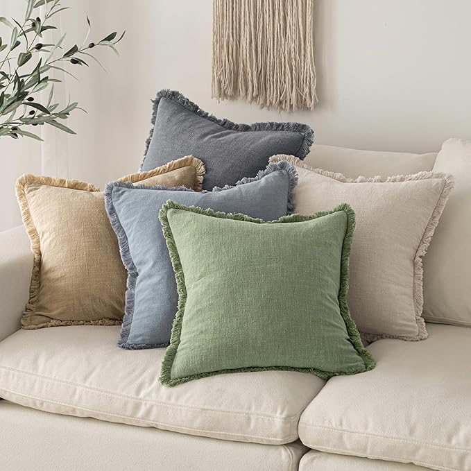 MIULEE Linen Fringe Decorative Euro Throw Pillow Covers Sage Green 24x24 | Set of 2, Cottagecore Decor, Boho Farmhouse Neutral Pillow Covers, Rustic Couch Cushion Cases for Sofa Bed Living Room