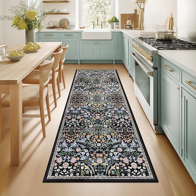 PLHXFR 2x6 Washable Runner Rug：Floral Indoor Kitchen Carpet Dark Black | For Hallway Bedroom Kitchen Laundry Bathroom Dorm,Vintage Floral,Machine washable,Non Slip,Stain Resistant,Indoor Floor