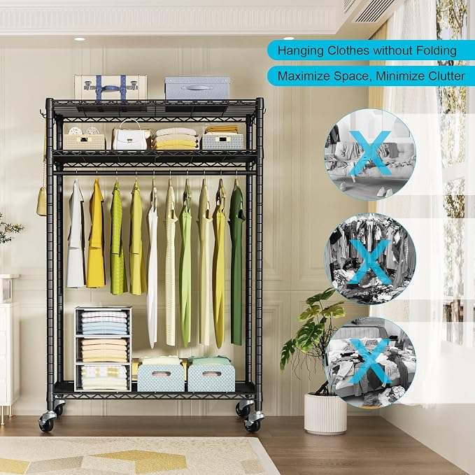 FUTASSI Rolling Clothes Rack, Clothing Racks for Hanging Clothes, Black | P3 Plus Heavy Duty Garment Rack with Wheels, Freestanding Portable Closet Racks 45" W x 14" D x 78.5" H, Max Load 480 LBS