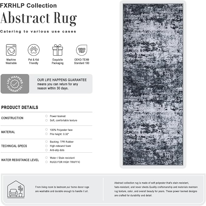 2.6x14 Washable Runner Rug:Modern Abstract Indoor Carpet Black | For Hallway, Bedroom, Kitchen, Laundry, Bathroom,Door Mat,Modern Abstract,Machine washable,Non-Slip,Stain Resistant,Indoor