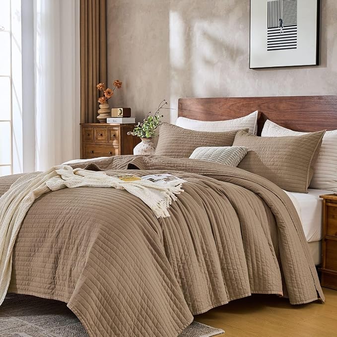 DOWN HOME Twin Quilt Bedding Set with Sham, Vintage Washed Soft Quilted Blanket Thin Comforter Lightweight Bedspread Coverlet Bed Cover, Brushed Microfiber Stripe Stitching, Brown, 66"x92"