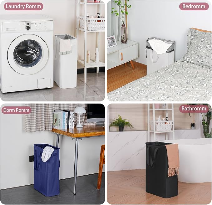 efluky Slim Laundry Basket, Narrow Laundry Hamper with Handles, Collapsible Dirty Clothes Hamper, Tall Laundry Bin for Laundry Room, Dorm and Bedroom, 12.7 Gallons(48L) White