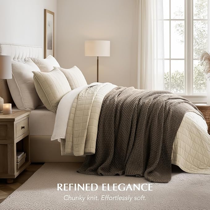 EVERGRACEHOME Chunky Chenille Knit Throw Blanket, 90 x 90, Mocha Brown | Sculpted Moss Stitch, Chic Modern Farmhouse, All-Season Warmth, OEKO-TEX® Certified, Oversized Queen for Couch, Bed, Sofa