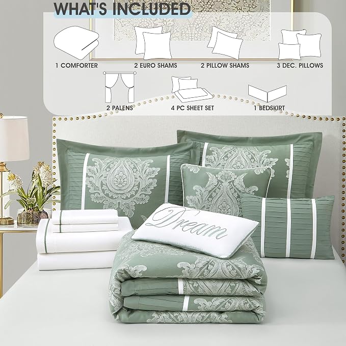 Sage California King Comforter Set, 15 Pieces, Damask Jacquard Woven, Bedding Set with Sheets, Room in a Bag, Comforter, Bed Skirt, Pillow Shams and Decor Pillows, Curtains