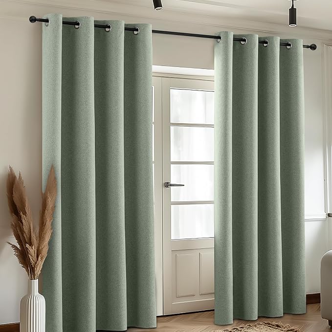 COSVIYA 100% Blackout Sage Green Linen Curtains & Drapes 45 Inch Length | Light Blocking Full Room Darkening Grommet Insulated Thermal Window Panels for Bedroom/Living Room,52x45 inches,2 Panels