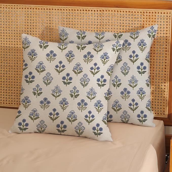 Blue Green Pillow Covers 22x22 Inch 2 Pcs Block Print Vintage Floral Decor Throw Pillows Boho Flower Spring Summer Outdoor Seasonal Decoration Pillowcase Linen Cushion Cover for Couch Sofa
