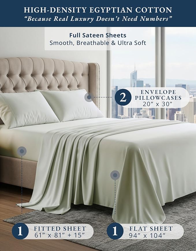 LANE LINEN Cotton Sheets Full 100% Egyptian Cotton Sateen - Mineral | Cooling Sheets Full Size - 4-Piece Set, For Guests And Everyday Use, For A Silky Hotel-Style Bed, Luxe Sheen, Plush