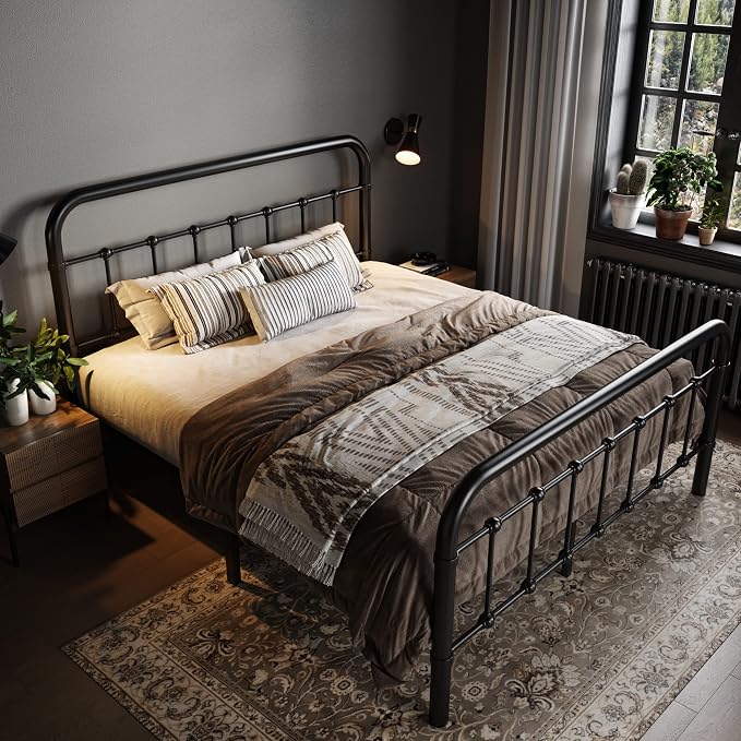 Allewie Full Metal Bed Frame with Victorian Iron-Art Headboard, Black | Victorian Style Wrought Iron-Art Headboard/Footboard, Easy Assembly, Under Bed Storage, No Box Spring Required
