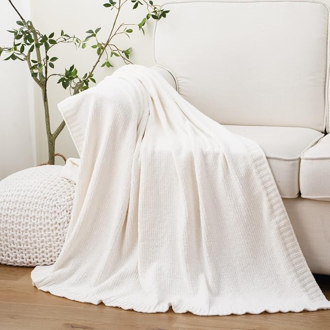 Chenille Throw Blanket for Couch, Knit Throw Blanket 51"x67", Ivory White | Shiny White Chenille Blanket, Neutral Throw Blanket, Soft Midweight Knitted Blanket for Sofa Bed Home Decor