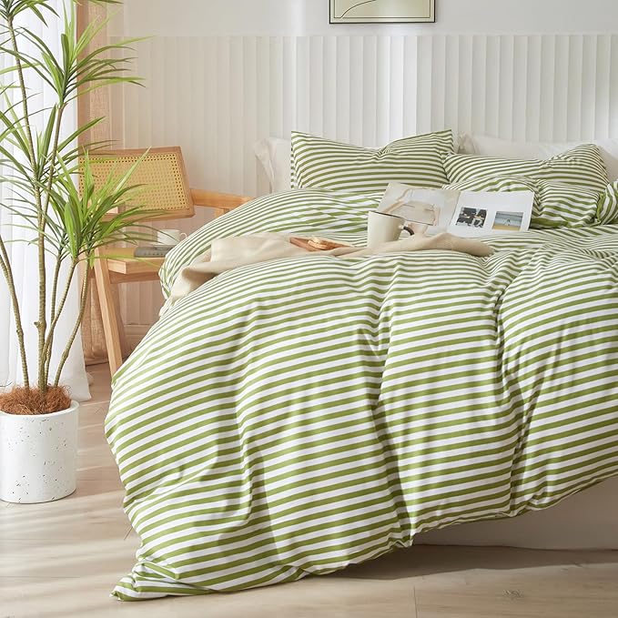 LifeTB King Size Comforter Set Modern Striped Comforter Set King Green White Stripes Pattern Comforter 3 Pieces Lightweight Bedding Comforter Set Boho Stripe Soft Fluffy Comforter with 2 Pillowcases