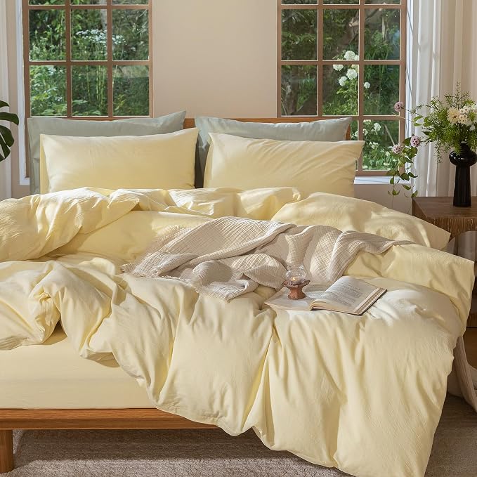 MooMee Duvet Cover Set 100% Washed Cotton Linen Like Oversized Queen | Relaxed Linen-like Texture. Soft, Breathable & Long-lasting Comfort. Lightweight. Hidden Zipper with 8 Interior Corner Ties