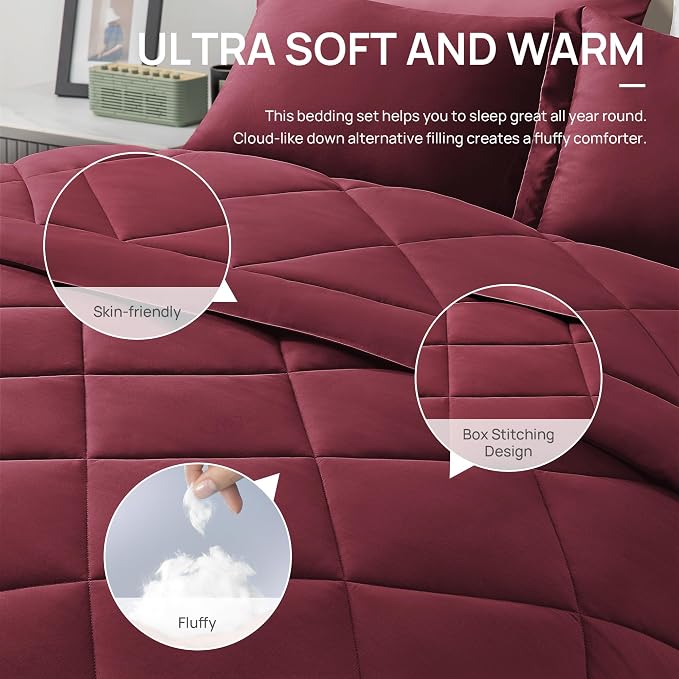 Love's cabin Queen Comforter Set Burgundy, 7 Pieces Queen Bed in a Bag, All Season Bedding Sets with 1 Comforter, 1 Flat Sheet, 1 Fitted Sheet, 2 Pillowcase and 2 Pillow Sham