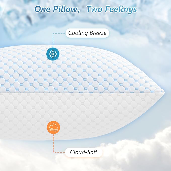 UYWO Cooling Memory Foam Pillows Standard Size Set of 2, Blue | Firm/Soft Cooling Bed Pillows for Side/Back/Stomach Sleepers, Ergonomic Neck Support Pillow