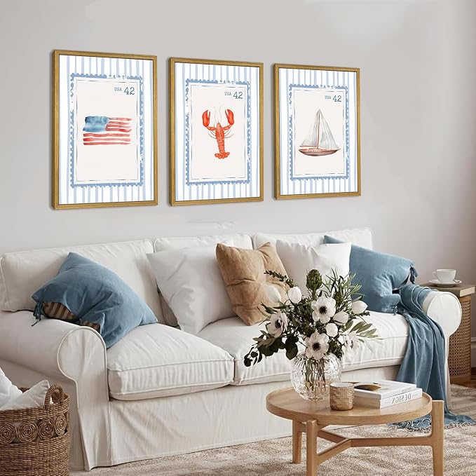 Wood Framed Blue Beach Stamp Set of 3 Canvas Poster Coastal Granddaughter Room Wall Art Decor Vintage Preppy Aesthetic Prints Artwork for Girly Dorm Apartment Ocean Home Decoration 12x16 Inch