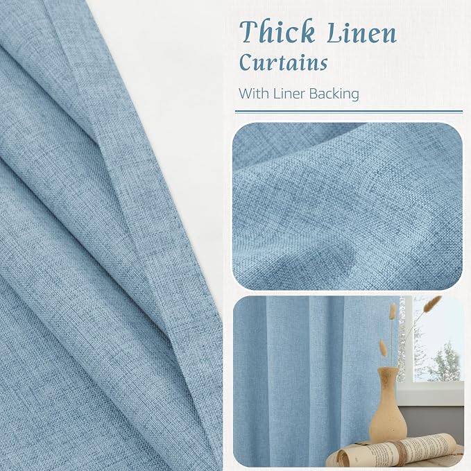 72 Inch 100% Blackout Linen Curtains for Living Room 2 Panels | Thermal Insulated, Boy's Bedroom Curtains, Rod Pocket Back Tab Neutral Panels, with White Liner, 52 x 72 Inch, Stone Blue